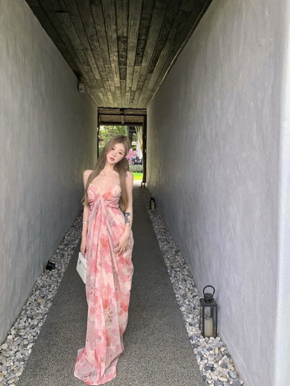 NA+ 春煙扶柳氣質扎染抹胸度假裙 粉