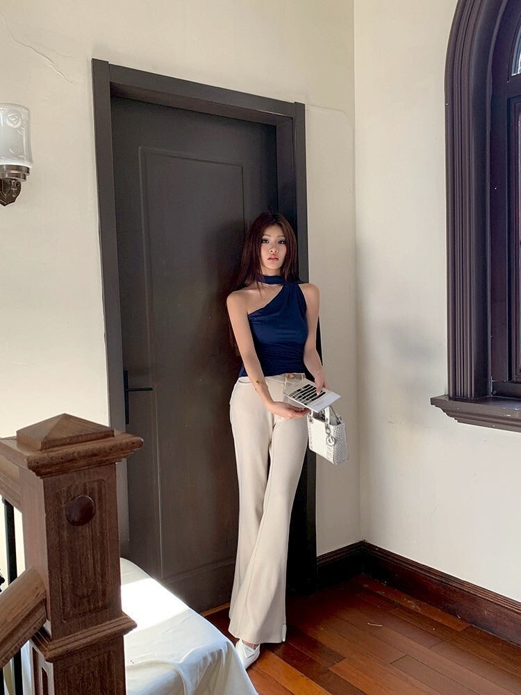 NA+ 溫柔斬女ootd 削肩飄帶藍色背心/高腰休閒米色長褲