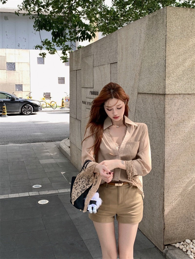NA+ 韓chic知性女 蕾絲拼接卡其襯衫/百搭短褲