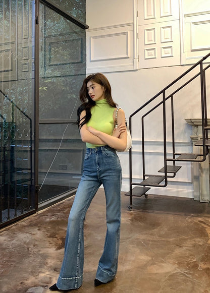 NA+ 超美腿模高腰水洗顯瘦拖地喇叭褲