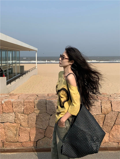 NA+ 時髦博物館 抽象畫印花黃色上衣