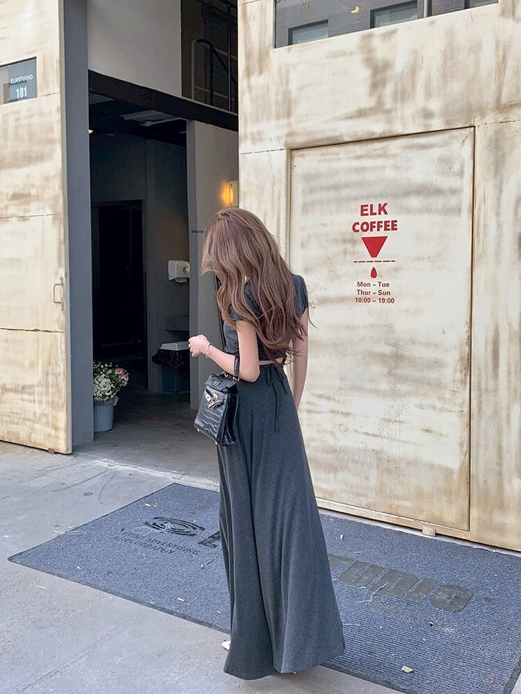 NA+ 基礎通勤 氣質圓領上衣半身裙套裝 灰