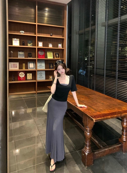 NA+ 輕熟女氣質寬鬆薄款針織上衣/內搭背心半身裙套裝