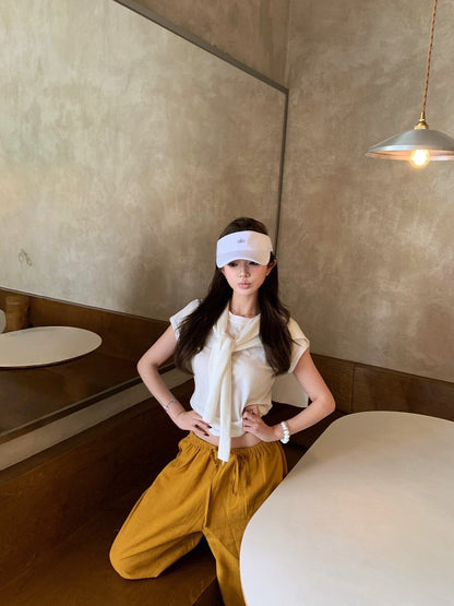 NA+ 簡約主義 休閒披肩上衣2件組/黃色抽繩休閒褲