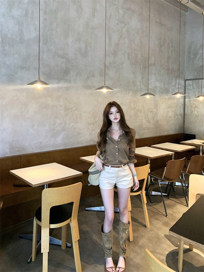 NA+ 率性女神 復古卡其色口袋襯衫/高腰休閒短褲