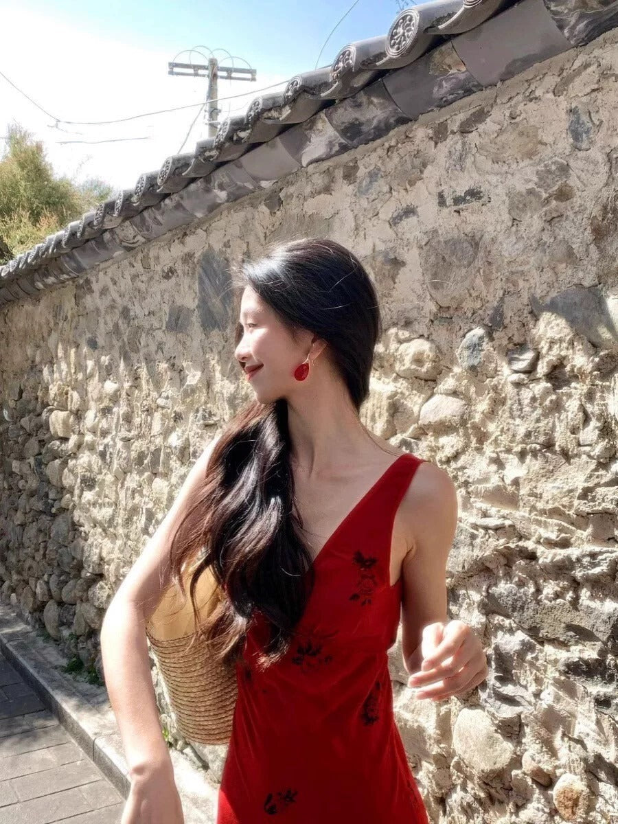 NA+ 紅酒微醺 復古薔薇花V領連身裙