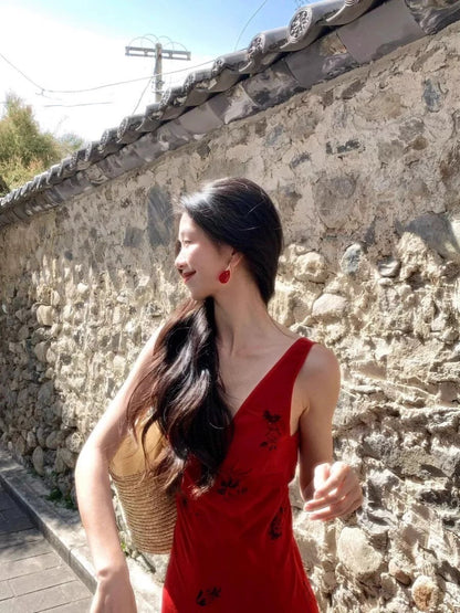 NA+ 紅酒微醺 復古薔薇花V領連身裙