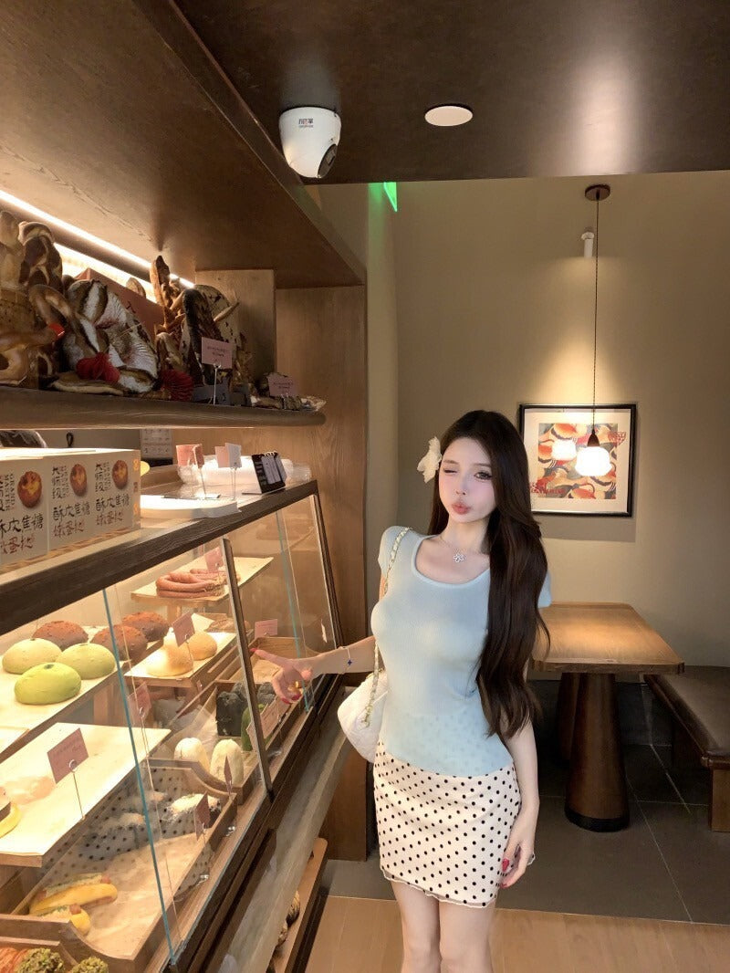 NA+ 清新檸檬 氣質閨女針織上衣/波點半身裙