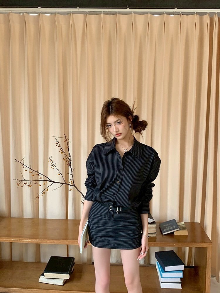 NA+ 御姐首選 復古條紋收腰襯衫包臀裙