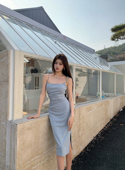 NA+ 氣質蔚藍色抓皺腰修身裙