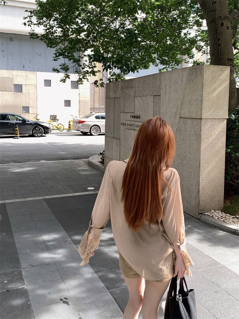 NA+ 韓chic知性女 蕾絲拼接卡其襯衫/百搭短褲