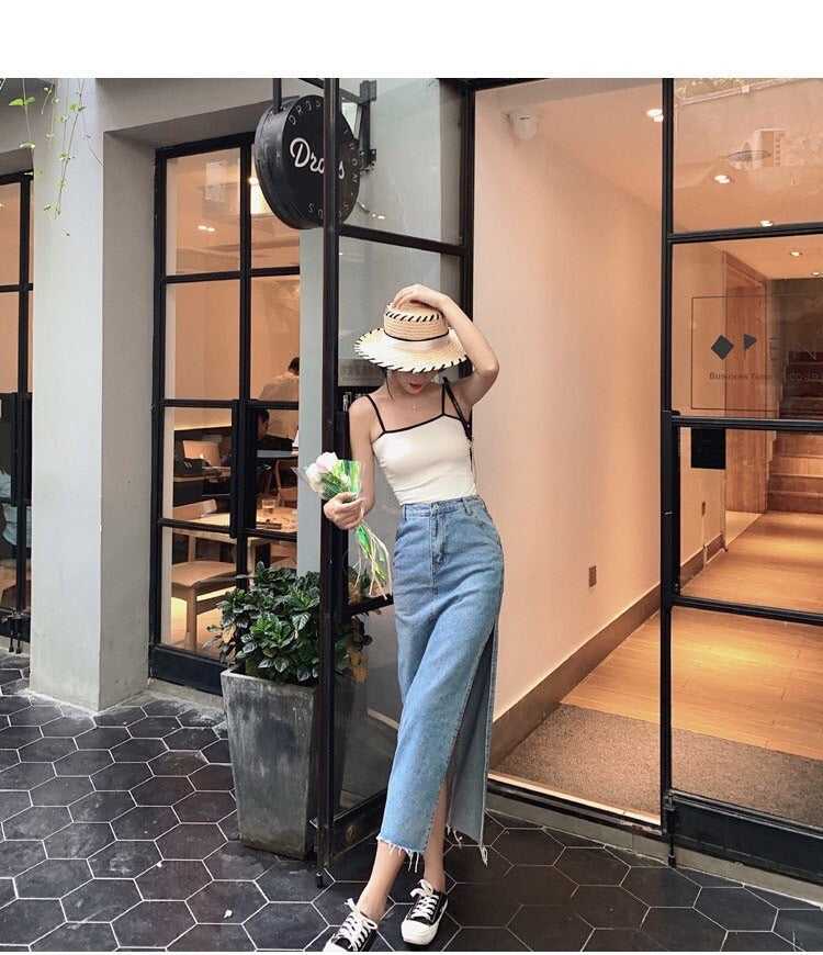 NA+ 簡約好看 修身側開衩牛仔半身裙