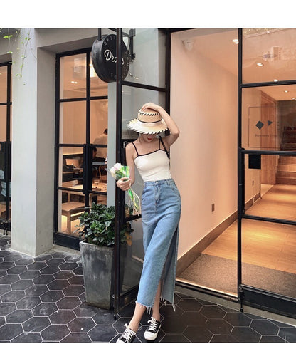 NA+ 簡約好看 修身側開衩牛仔半身裙