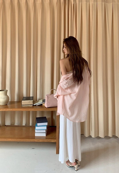 NA+ 超模私服 修身簡約白色連身裙/粉色襯衫