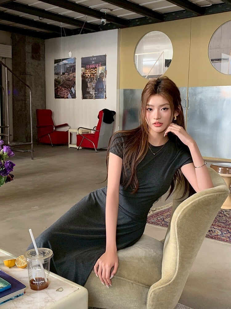 NA+ 基礎通勤 氣質圓領上衣半身裙套裝 灰