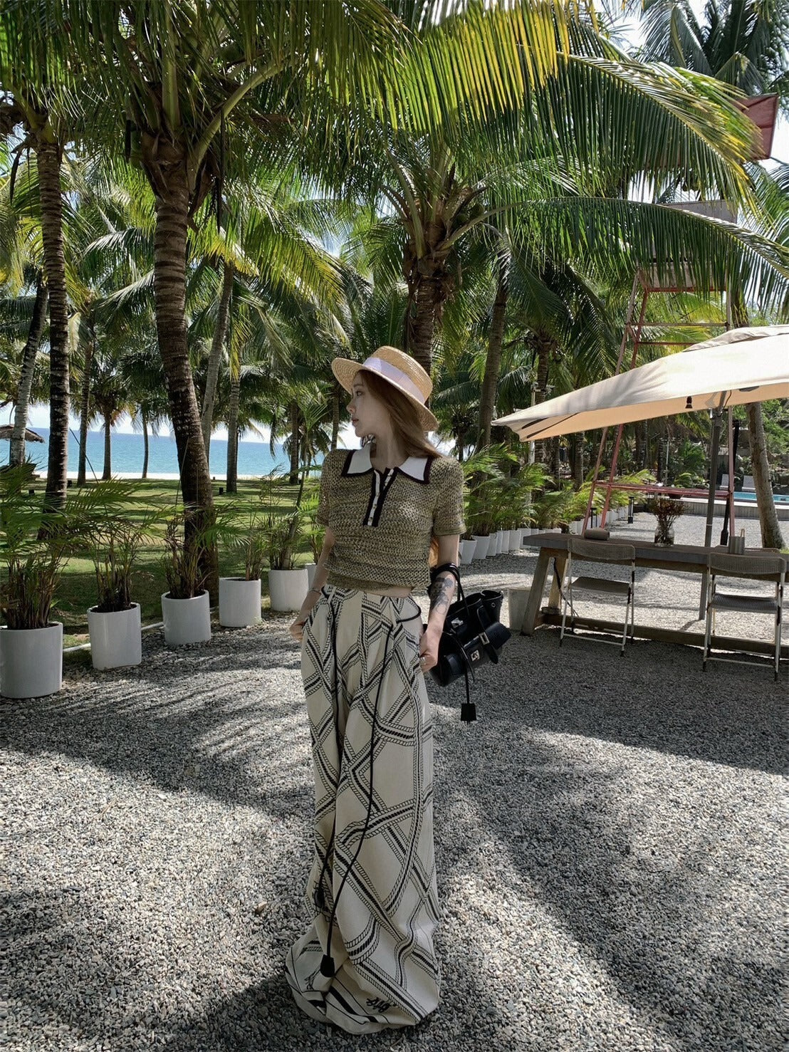 NA+ 老錢私服 貴族感polo領針織上衣/印花休閒褲