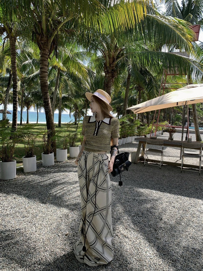 NA+ 老錢私服 貴族感polo領針織上衣/印花休閒褲