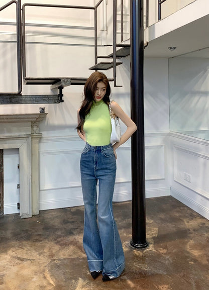 NA+ 超美腿模高腰水洗顯瘦拖地喇叭褲