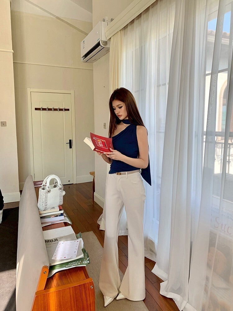 NA+ 溫柔斬女ootd 削肩飄帶藍色背心/高腰休閒米色長褲