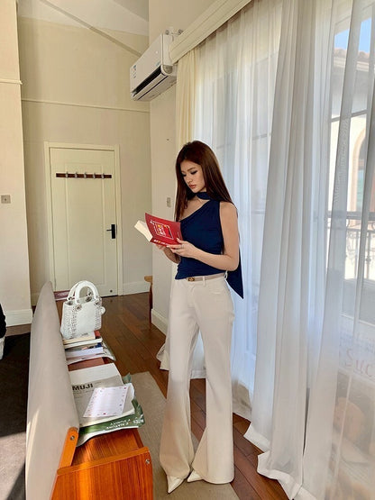 NA+ 溫柔斬女ootd 削肩飄帶藍色背心/高腰休閒米色長褲