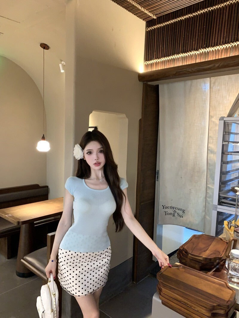 NA+ 清新檸檬 氣質閨女針織上衣/波點半身裙