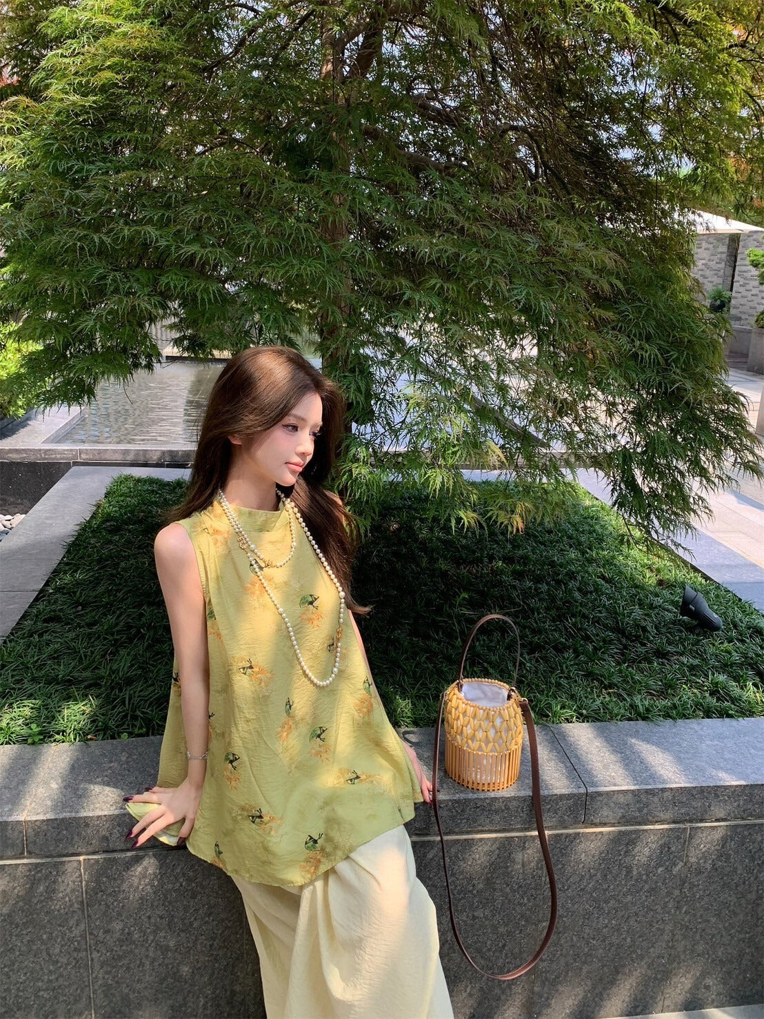 NA+ 飛花落葉 新中式提花背心/高腰闊腿褲