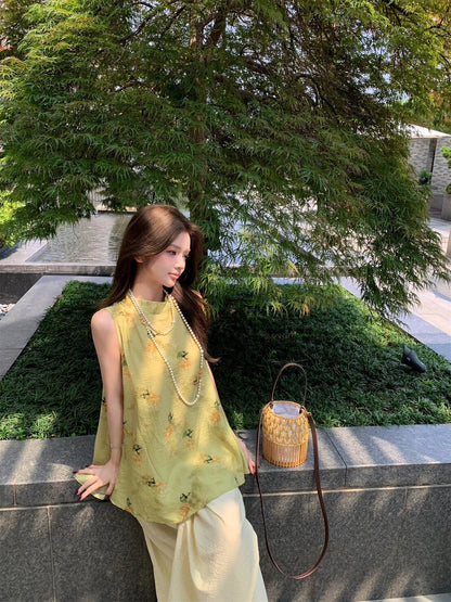 NA+ 飛花落葉 新中式提花背心/高腰闊腿褲