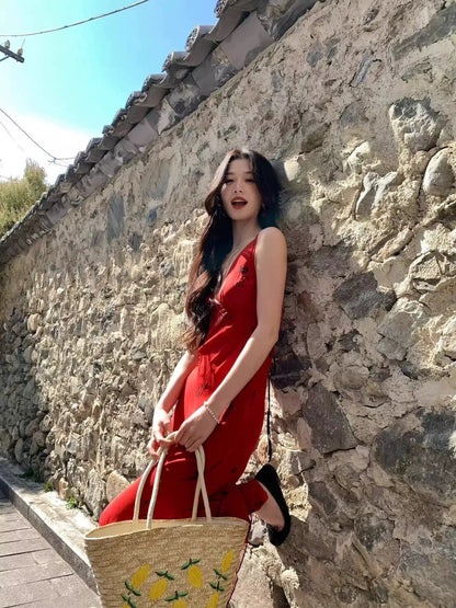 NA+ 紅酒微醺 復古薔薇花V領連身裙