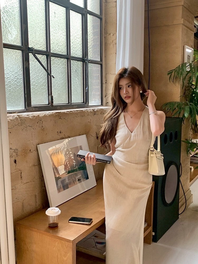 NA+ 高知姐姐 氣質綁帶收腰連身裙 杏