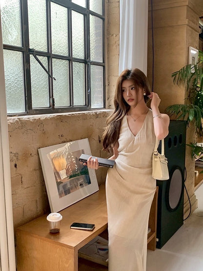 NA+ 高知姐姐 氣質綁帶收腰連身裙 杏