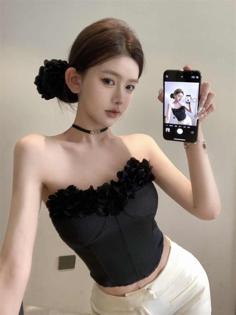 NA+ 立體花修身魚骨抹胸 黑