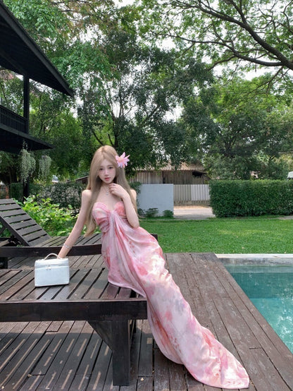 NA+ 春煙扶柳氣質扎染抹胸度假裙 粉