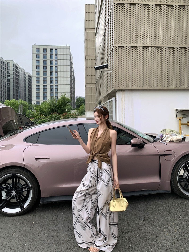 NA+ 老錢通勤私服 卡其休閒背心/印花闊腿褲