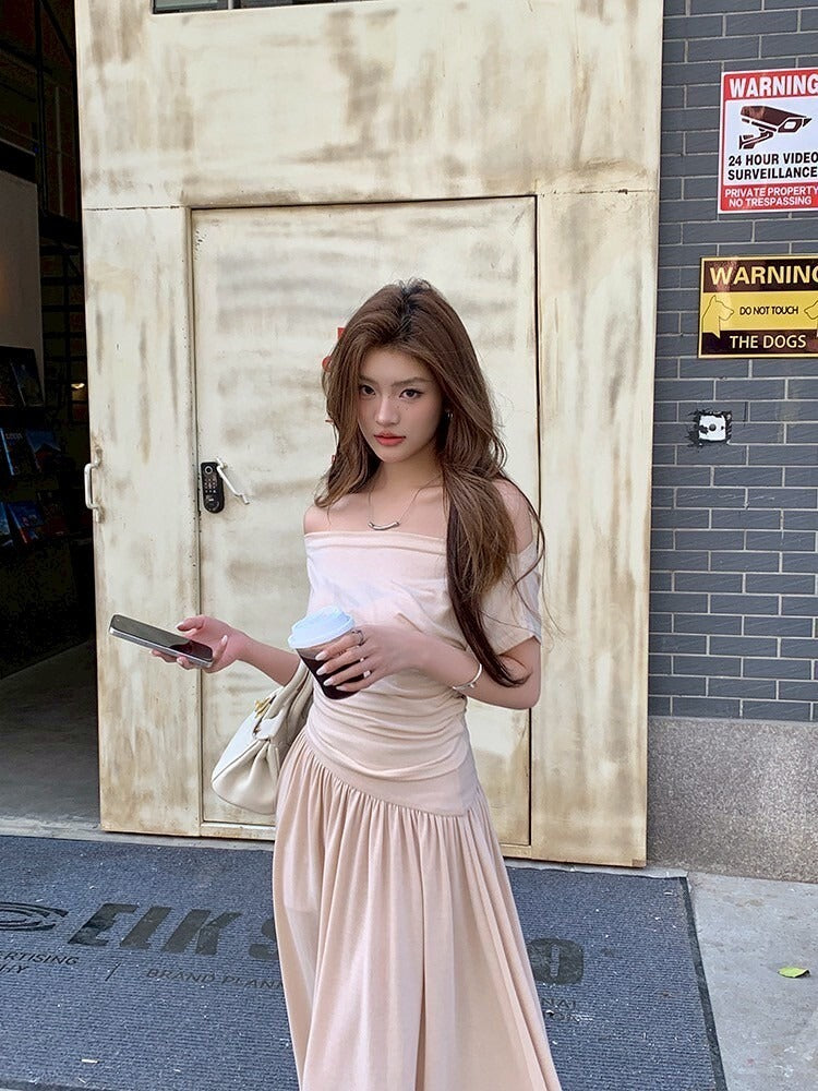 NA+ 日常通勤 杏色一字領懶人顯瘦套裝