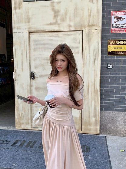 NA+ 日常通勤 杏色一字領懶人顯瘦套裝