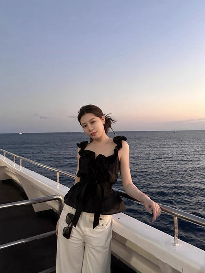 NA+ 娃娃vibe 重工魚線木耳邊繫帶上衣 白/黑