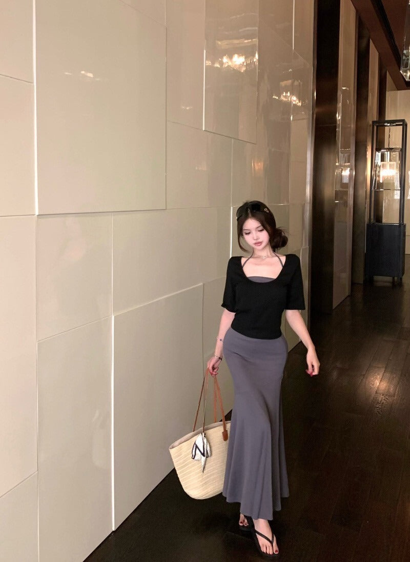 NA+ 輕熟女氣質寬鬆薄款針織上衣/內搭背心半身裙套裝