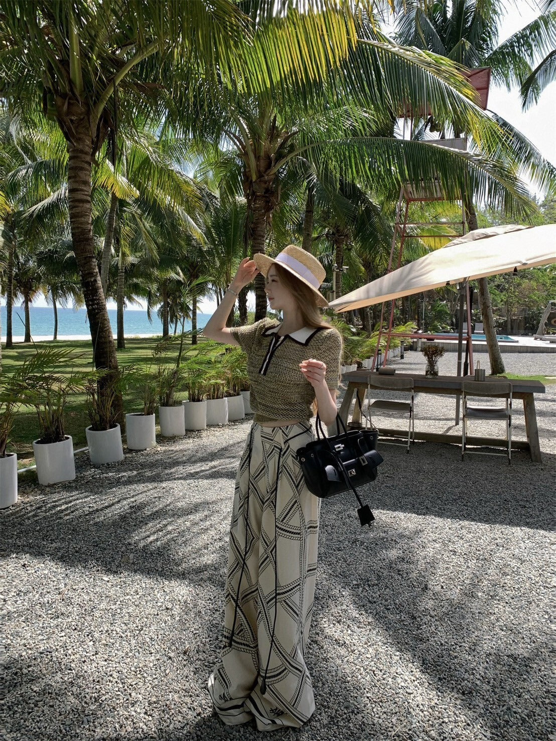 NA+ 老錢私服 貴族感polo領針織上衣/印花休閒褲