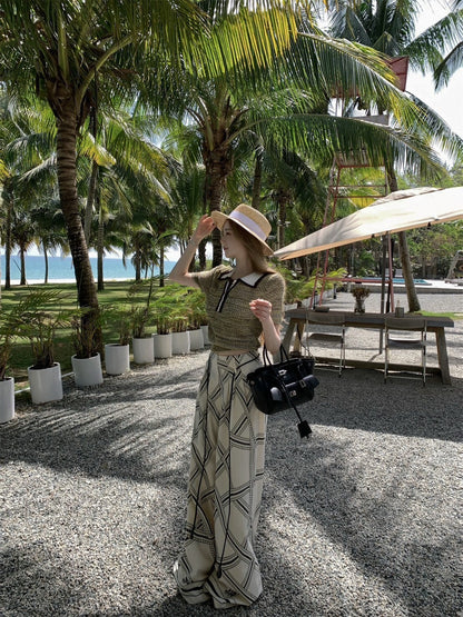 NA+ 老錢私服 貴族感polo領針織上衣/印花休閒褲