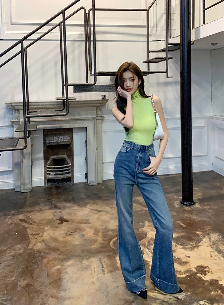 NA+ 超美腿模高腰水洗顯瘦拖地喇叭褲