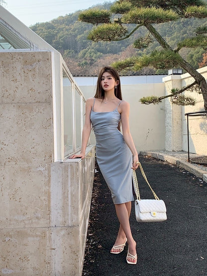 NA+ 氣質蔚藍色抓皺腰修身裙