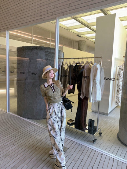 NA+ 老錢私服 貴族感polo領針織上衣/印花休閒褲