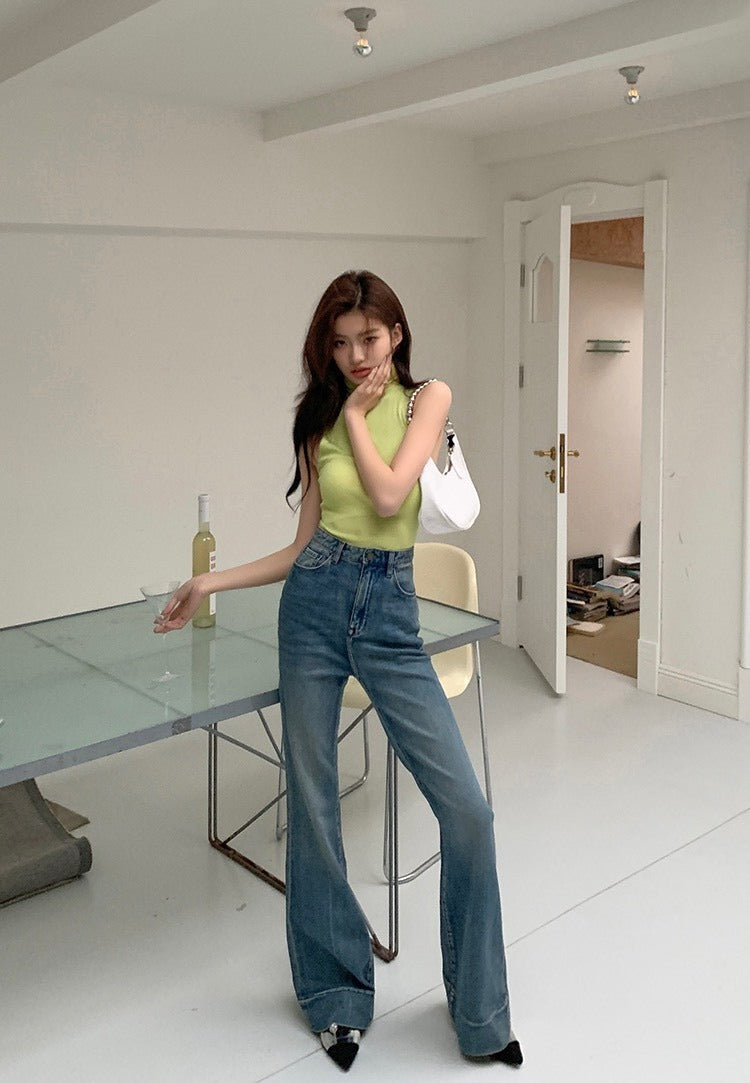 NA+ 超美腿模高腰水洗顯瘦拖地喇叭褲