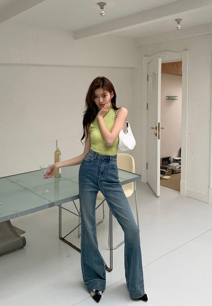 NA+ 超美腿模高腰水洗顯瘦拖地喇叭褲