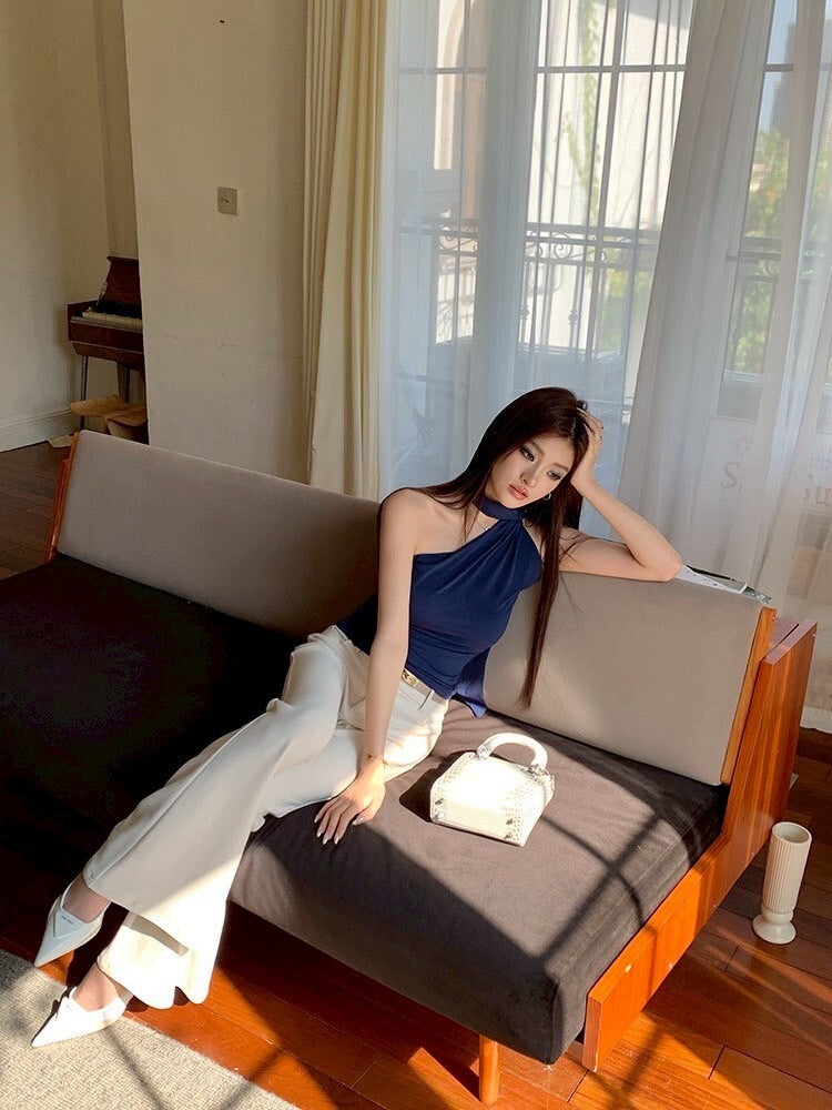 NA+ 溫柔斬女ootd 削肩飄帶藍色背心/高腰休閒米色長褲