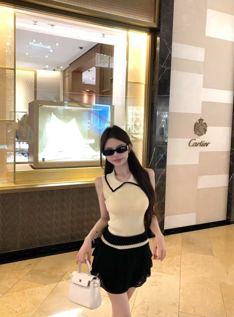 NA+ 戀戀巴黎娃娃領鉤針背心 黑色蛋糕半身裙