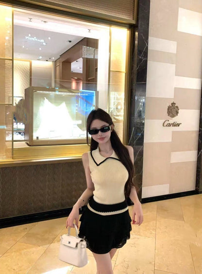 NA+ 戀戀巴黎娃娃領鉤針背心 黑色蛋糕半身裙