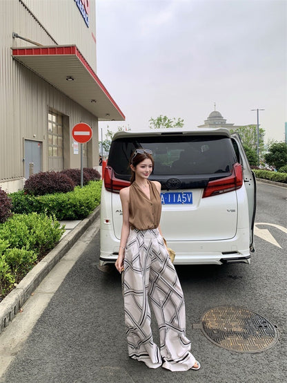 NA+ 老錢通勤私服 卡其休閒背心/印花闊腿褲