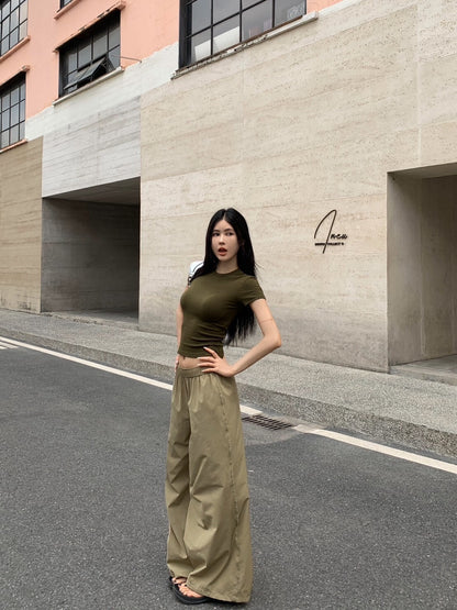 NA+ 美式修身軍綠彈力上衣/卡其鬆緊休閒褲