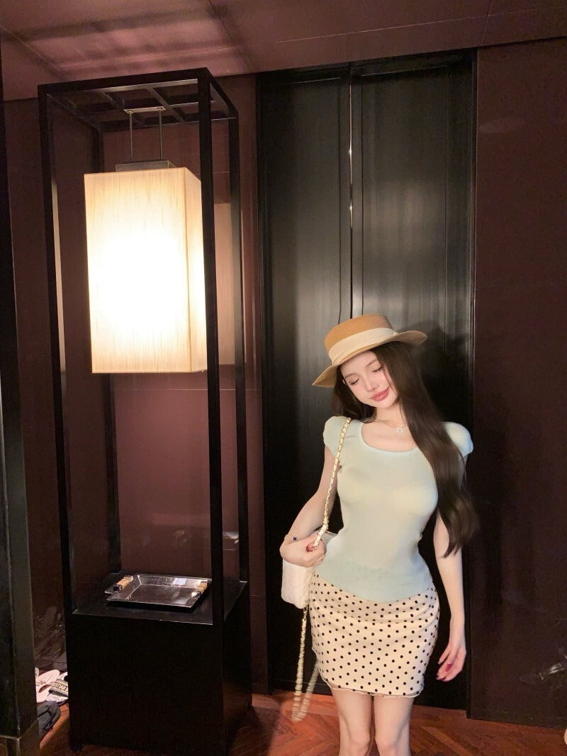 NA+ 清新檸檬 氣質閨女針織上衣/波點半身裙